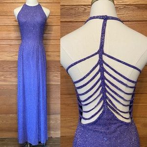 Y2K Scala lavender beaded silk strappy back prom dress gown